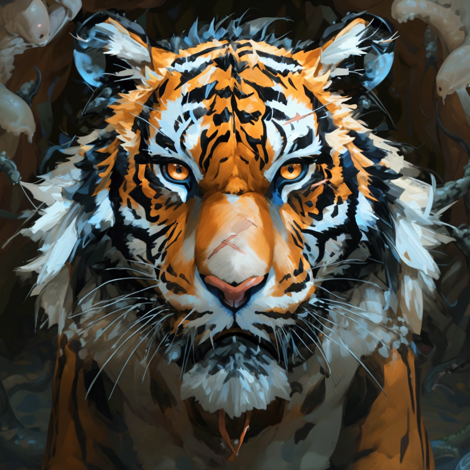 Scribble tiger face,(Humanoid Tiger:1.2),(Topless:1.3),Chubby,(Black eyebrows:1.1),(Perfect eyes),Golden fur,Black pattern,Black short hair,(In the dark cave,Cave:1.2),(White fun underwear:1.3),paw,(black beard:1.3),(collar:1.3),(Raised:1.3),(手捏着nipple:1.3),(Tentacles深入White fun underwear:1.4),(Tentacles:1.3),covered in wounds,(There is a scar on the left eye:1.3),Front view,middle aged,Strong,A face full of fear,nipple环钉,Milk secretion,How,(No collar),nipple,(嘴里有How:1.4),Open your mouth,16K