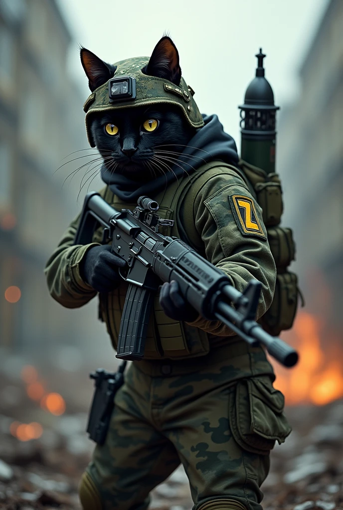 Create a black cat fighting against Ukraine. He is wearing Russian camouflage clothing and has an AK in his hand and an RPG on his back. He is wearing a bulletproof vest with the letters Z. He is wearing a helmet with night vision and the AK with an extended comb, the Z. Where is the helmet with night vision? He is against Ukraine? 