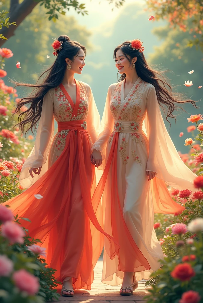 Here is the prompt in English:
"Two Chinese women in traditional Hanfu dresses, walking through a vibrant flower garden. They both have long, beautiful hair and are smiling and laughing joyfully together. The scene is peaceful and colorful, with flowers blooming all around them, and the women appear carefree and happy."