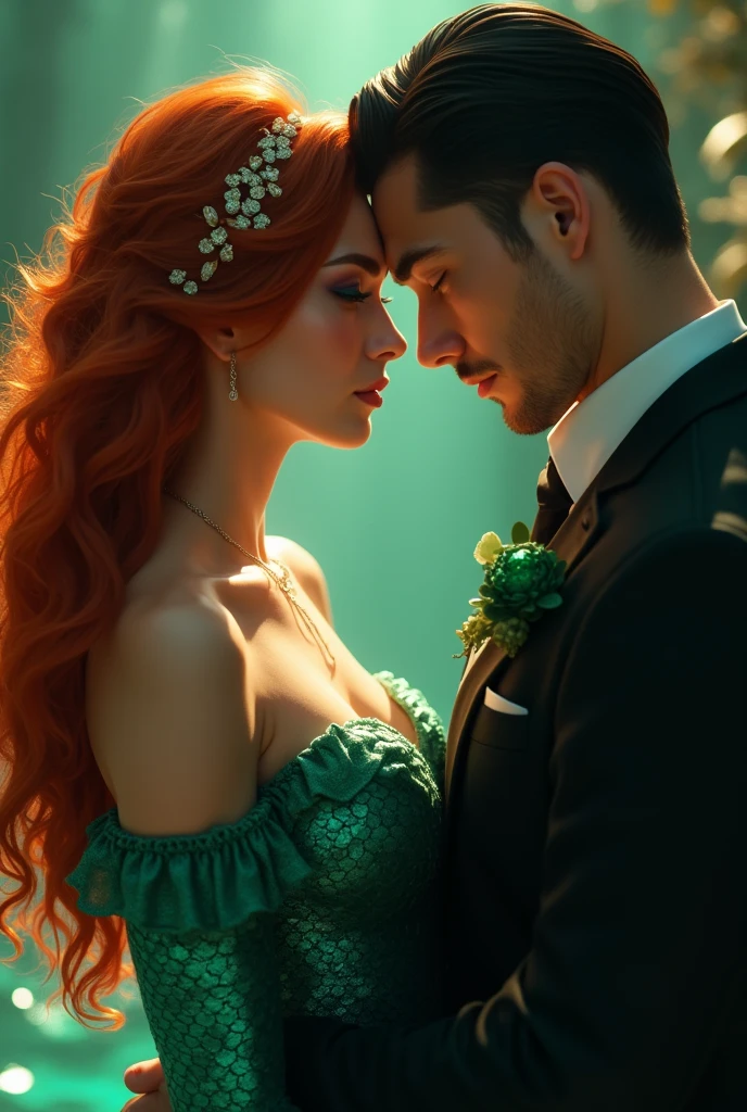 Sexy and attractive woman of approximately 2, with long copper-colored hair, Her mermaid eyes are green like emeralds, She is dominant and powerful while holding a weapon in her hand, Next to her was a young man of approximately 24 years of age with black hair combed perfectly back.,Without beard, His eyes are blue like the ocean, They look with power and dominance, As a true gentleman and leader of the mafia willing to do anything for her and she for him.