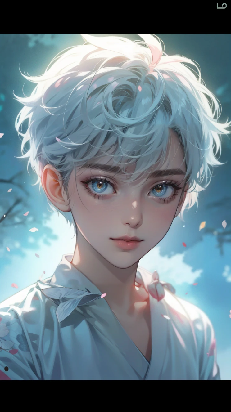 Cute pink hair color Pink eyes Bob hair Holding a fan Light blue yukata White skin Cheerful Eating dango Falling starlight Cherry blossom tree in the background Cherry blossom petals in the background High resolution