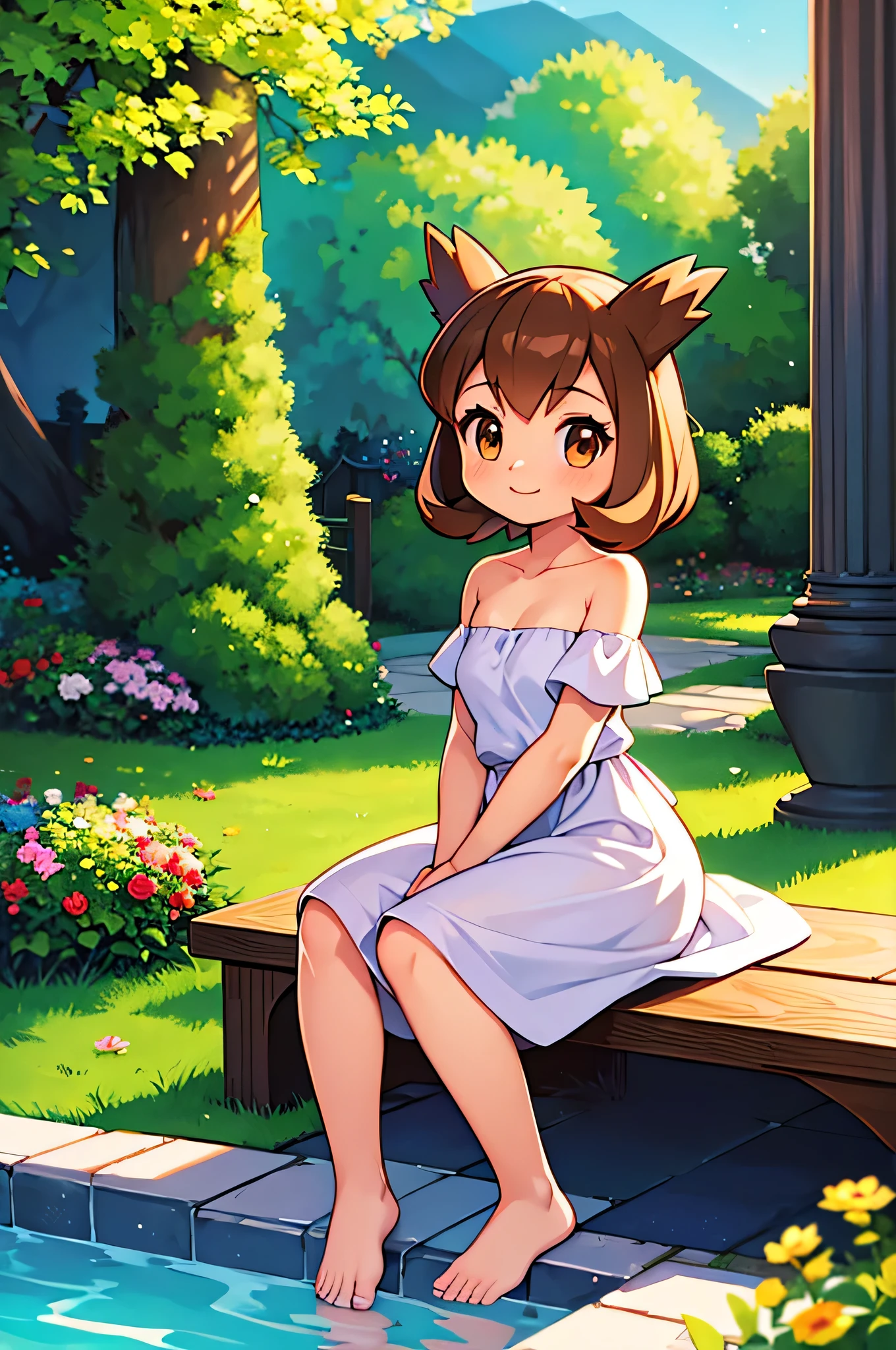 masterpiece, best quality, ultra-detailed, illustration, beautiful detailed eyes, very detailed illustration, cinematic lighting, 1 girl, solo, Pokemon Heroes (Bianca), Brown Hair, brown eyes, 1 girl, solo, bare shoulders, strapless, off shoulders, ruffle off the shoulder top, white maxi dress, intricate details, sharp focus, high resolution, the background of beautiful garden with columns, at sunrise, smile, sitting on a bench near a water pool on the bottom, anime style, ultra-detailed, hdr, far at the bottom, in the center, Close up, arms crossed