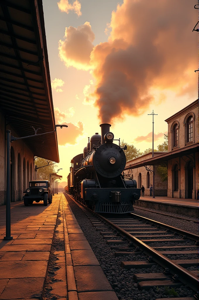 A vintage steam locomotive, probably from the early 20th century, stands on the platform of an old train station in Sobral, Ceará, Brazil. The station is bathed in the warm glow of late afternoon sunlight, casting long shadows across the platform. Many people are gathered on the platform, perhaps waiting for the train to depart. An old Jeep is parked nearby, adding to the nostalgic atmosphere. The sky is painted in shades of orange and pink, creating a beautiful backdrop for the scene.