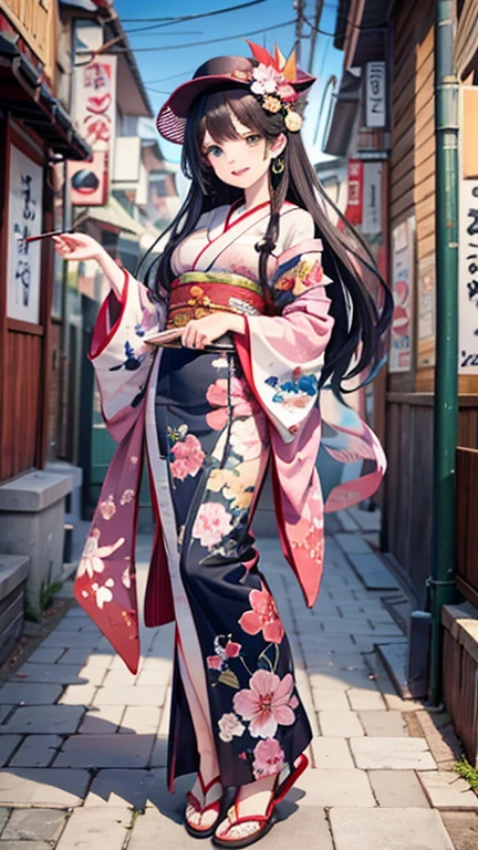 A beautiful woman smiles and shows her upper white teeth、Vividly colored Japanese Ukiyo-e style illustrations、SeaArt creates stunning illustrations of beautiful women in kimono、Brown-black long hair、Beautiful full body style、Beautiful digital illustrations、Beautiful and innovative digital paintings, Bright vibrant anime art, Detailed digital anime art,  Beautiful anime portraits