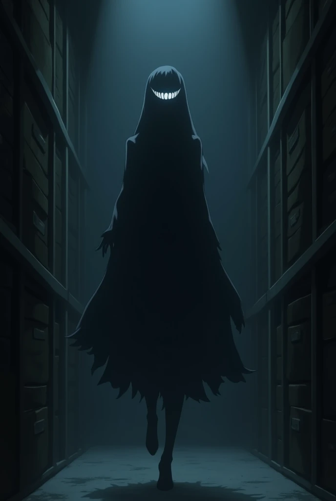 The image is anime style with shadows and dim lights, anime style although somewhat adult and dark, In it she appears in a storage room, a shadowy figure levitating, floating in the center, It looks like a human silhouette of an adult floating in the air, but you can't see anything of it, except for a white smile that runs from ear to ear. Everything except her smile, It is darkness