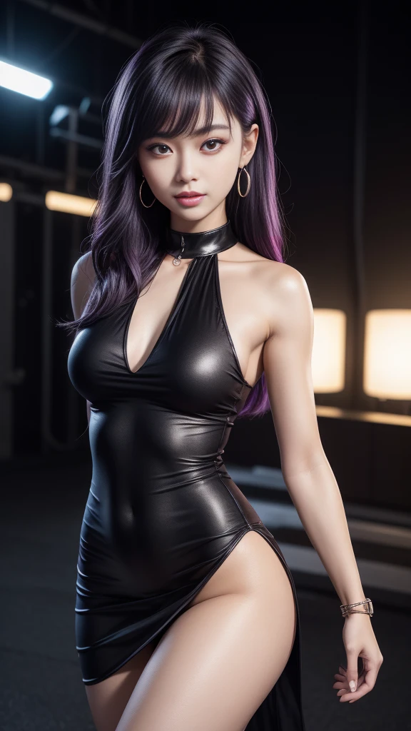 8k, masterpiece, RAW photo, The best quality, detail:1.2), photorealistic, Extremely detailed 8k unified CG wallpapers, depth of field, cinematic light, Lens flare, ray tracing, (extremely beautiful face, Beautiful lips, beautiful eyes), Cara de detail intrincado, ((ultra detailed skin)) 1girll, In the dark, purple hair, deep shadow, Pretty Korean girl, Kpop idol,(Very lean and lean muscular body:1.3), ((See the viewer)), (big smile), (black leggings), (red top), (Injection cuff), (pit car track background), (neon lights), (planes), Pretty Korean girl, earrings, bracelet, collar, shackles, light eyes, andante , (Pale skin), Face forward, (large eyes), ((Upper body shots)), Minivestido BodyCon, Silk mini dress , very short dress.