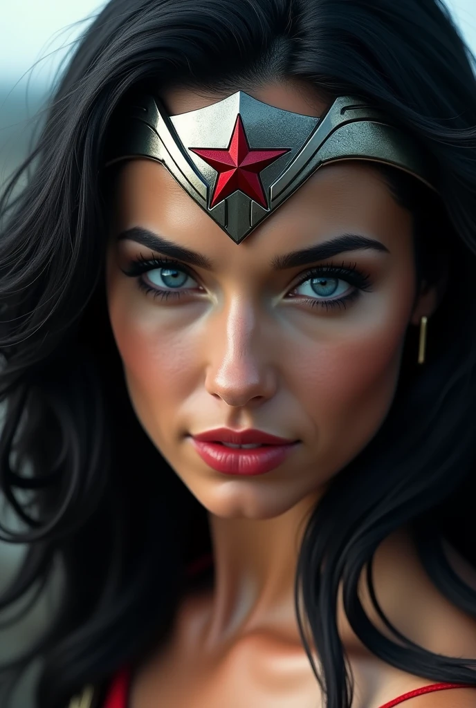 (((Extreme close-up Wonder Woman long black hair silver metal headband with a red star on her forehead blue eyes with part of her side head shaved)))
