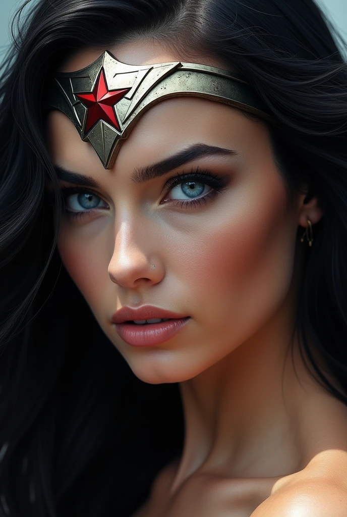 (((Extreme close-up Wonder Woman long black hair silver metal headband with a red star on her forehead blue eyes with part of her side head shaved)))