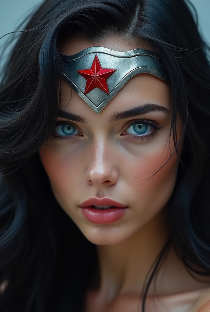 (((Extreme close-up Wonder Woman long black hair silver metal headband with a red star on her forehead blue eyes with part of her side head shaved)))