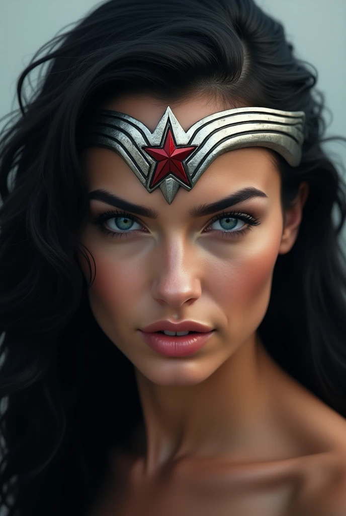 (((Extreme close-up Wonder Woman long black hair silver metal headband with a red star on her forehead blue eyes with part of her side head shaved)))