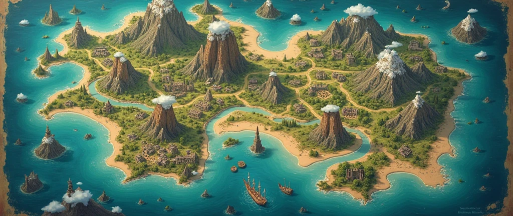 Create for me a fantasy rpg map with islands with their own peculiarities, being seen from above in its entirety