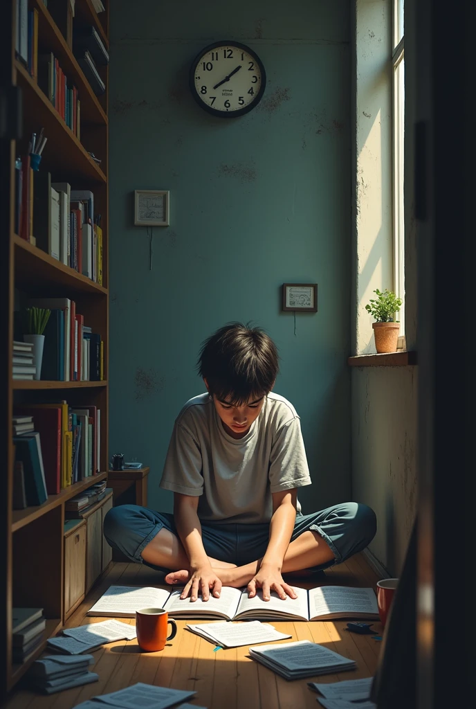 age man study at the floor (without table) in a very Small and cramped study room