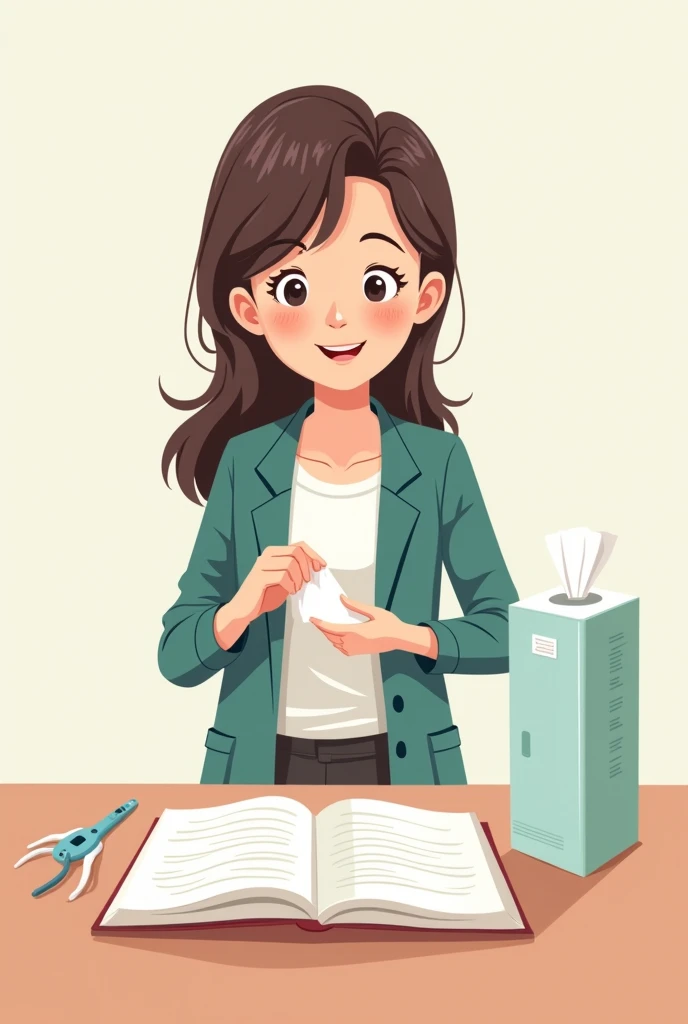 I am looking for an illustration of a teacher using disposable tissues Drawing style: Modern and vector, with smooth, clean lines, and vibrant colors. Cartoonish but realistic. Color: Using a palette of bright and contrasting colors that are pleasant and eye-catching. FORMAT: Illustrations arranged in a book or manual style. This illustration is intended for a guidance and training manual, so it must be clear, accessible and visually appealing."