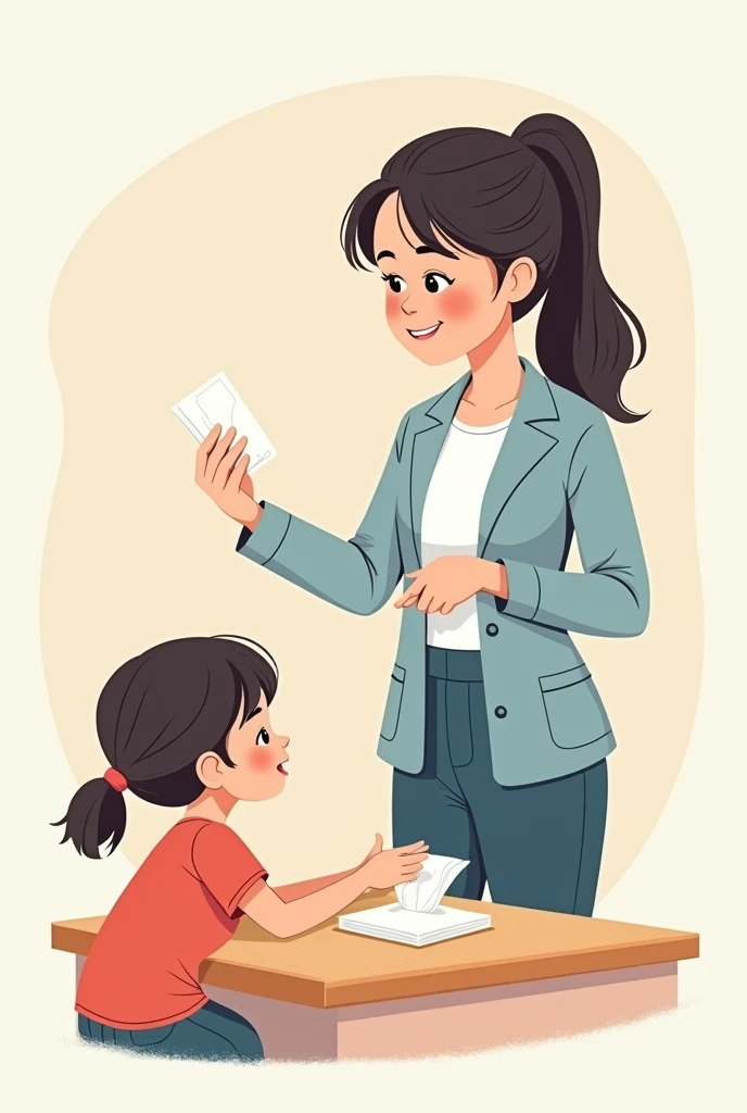 I am looking for an illustration of a teacher using disposable tissues Drawing style: Modern and vector, with smooth, clean lines, and vibrant colors. Cartoonish but realistic. Color: Using a palette of bright and contrasting colors that are pleasant and eye-catching. FORMAT: Illustrations arranged in a book or manual style. This illustration is intended for a guidance and training manual, so it must be clear, accessible and visually appealing."