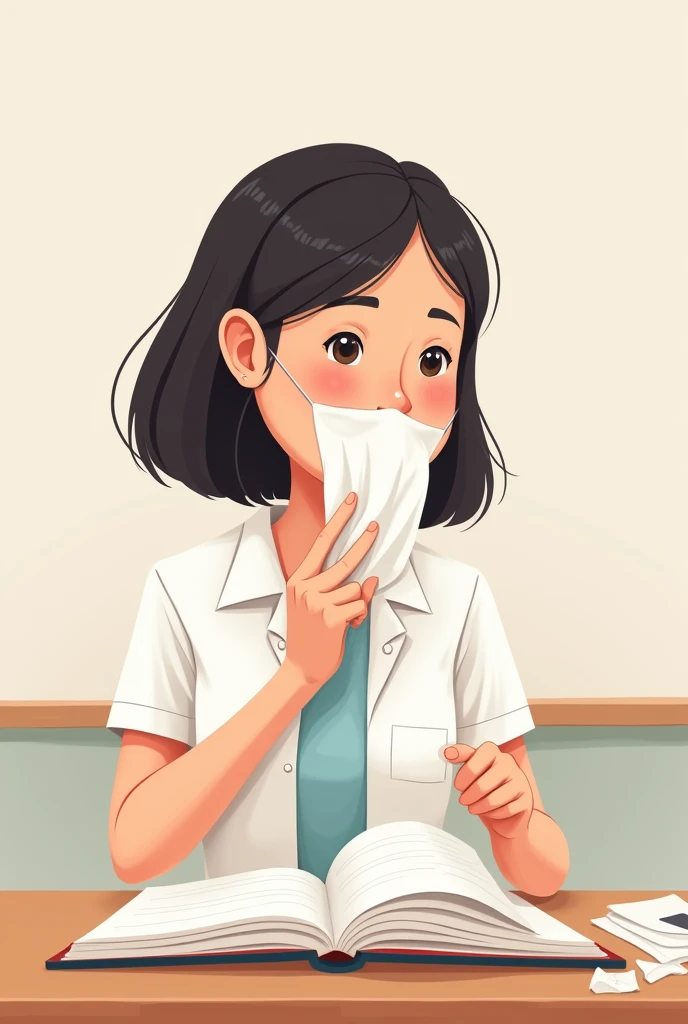 I am looking for an illustration of a teacher using disposable tissues Drawing style: Modern and vector, with smooth, clean lines, and vibrant colors. Cartoonish but realistic. Color: Using a palette of bright and contrasting colors that are pleasant and eye-catching. FORMAT: Illustrations arranged in a book or manual style. This illustration is intended for a guidance and training manual, so it must be clear, accessible and visually appealing."