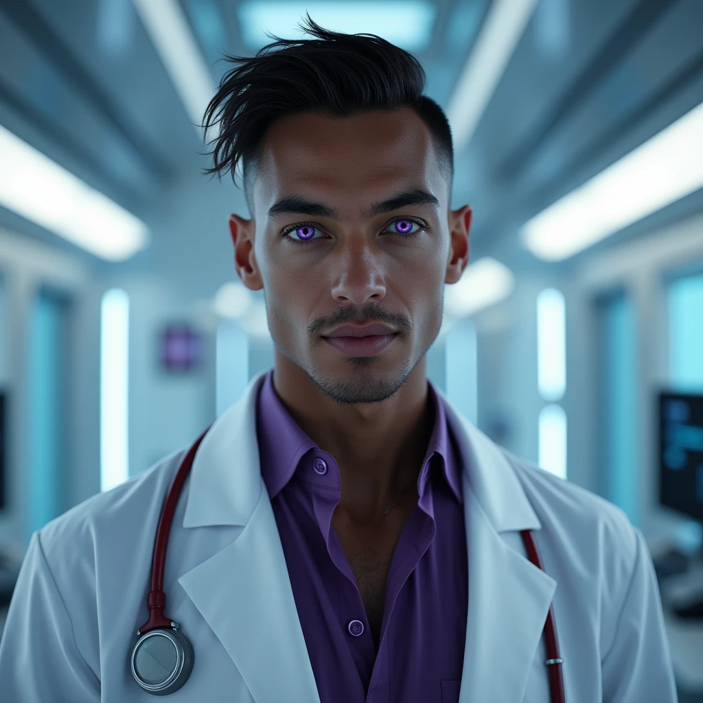 Photograph headshot, very tall French featured male model, wavy-curl-wavy side parted hair, shaved, toned body, ebony skin, vibrant purple eyes, tall thin toned body. Gentle smile expression. Doctor coat, dark purple shirt, modern sci-fi hospital office.