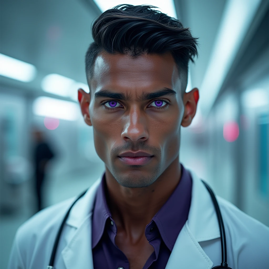 Photograph headshot, very tall French featured male model, wavy-curl-wavy side parted hair, shaved, toned body, ebony skin, vibrant purple eyes, tall thin toned body. Gentle smile expression. Doctor coat, dark purple shirt, modern sci-fi hospital office.