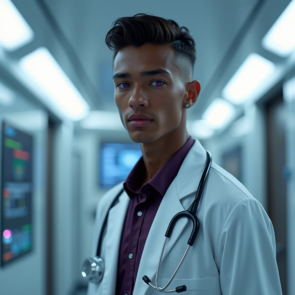 Photograph headshot, very tall French featured male model, wavy-curl-wavy side parted hair, shaved, toned body, ebony skin, vibrant purple eyes, tall thin toned body. Gentle smile expression. Doctor coat, dark purple shirt, modern sci-fi hospital office.