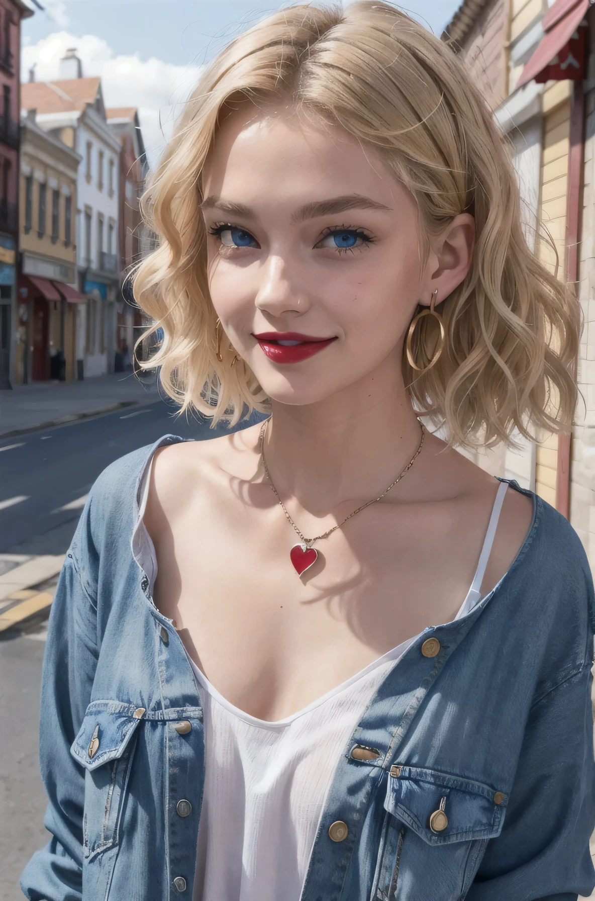 One of the blondes, her hair is short and wavy, Her upper body, photograph , Beautiful Blue Eyes, smile、Denim jacket、shirt、Ear piercing、necklace、Cherry red lips、The background is a town street