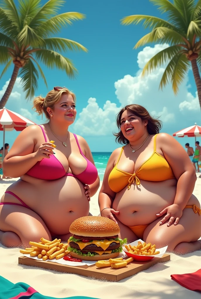 Two extremely fat women on the beach in bikinis eating greasy food