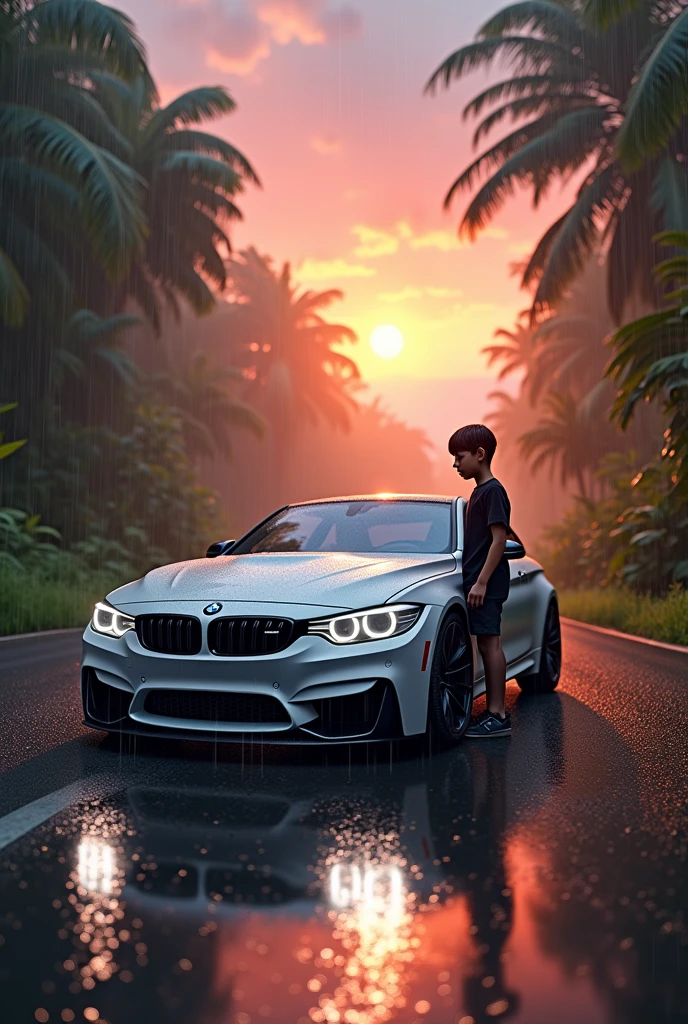 1 boy standing on right bmw car white gloww standing road in sunset rain fall and sky sunset road on jungle