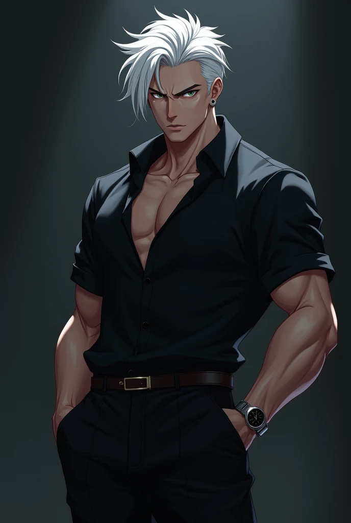 Give me a handsome guy with white hair, has a black shirt, black anime pants, posing