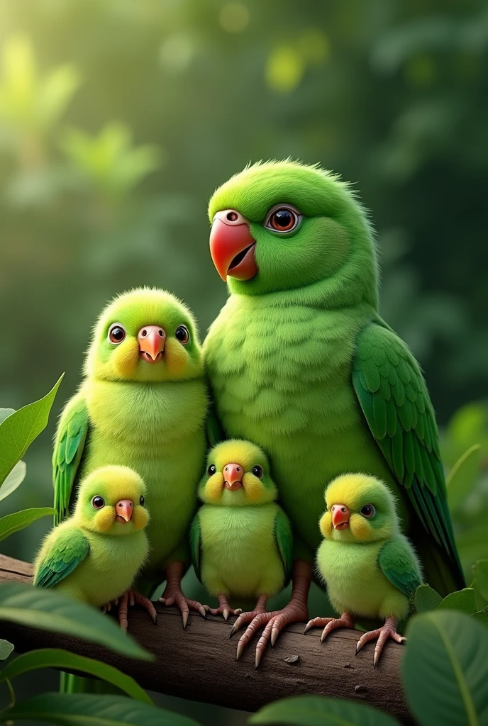Four more green parrot chicks with their mother and father, a total of 6 green parrots, the Dalfa parrot family, the father 2 large parrots and four small ones