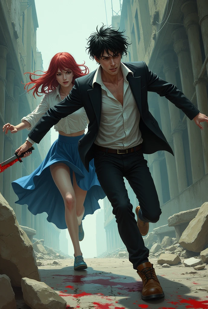crazy yandere running after a guy with a bloody knife he guy with black suit and white clothes and blue skirt and brown shoes in an abandoned place