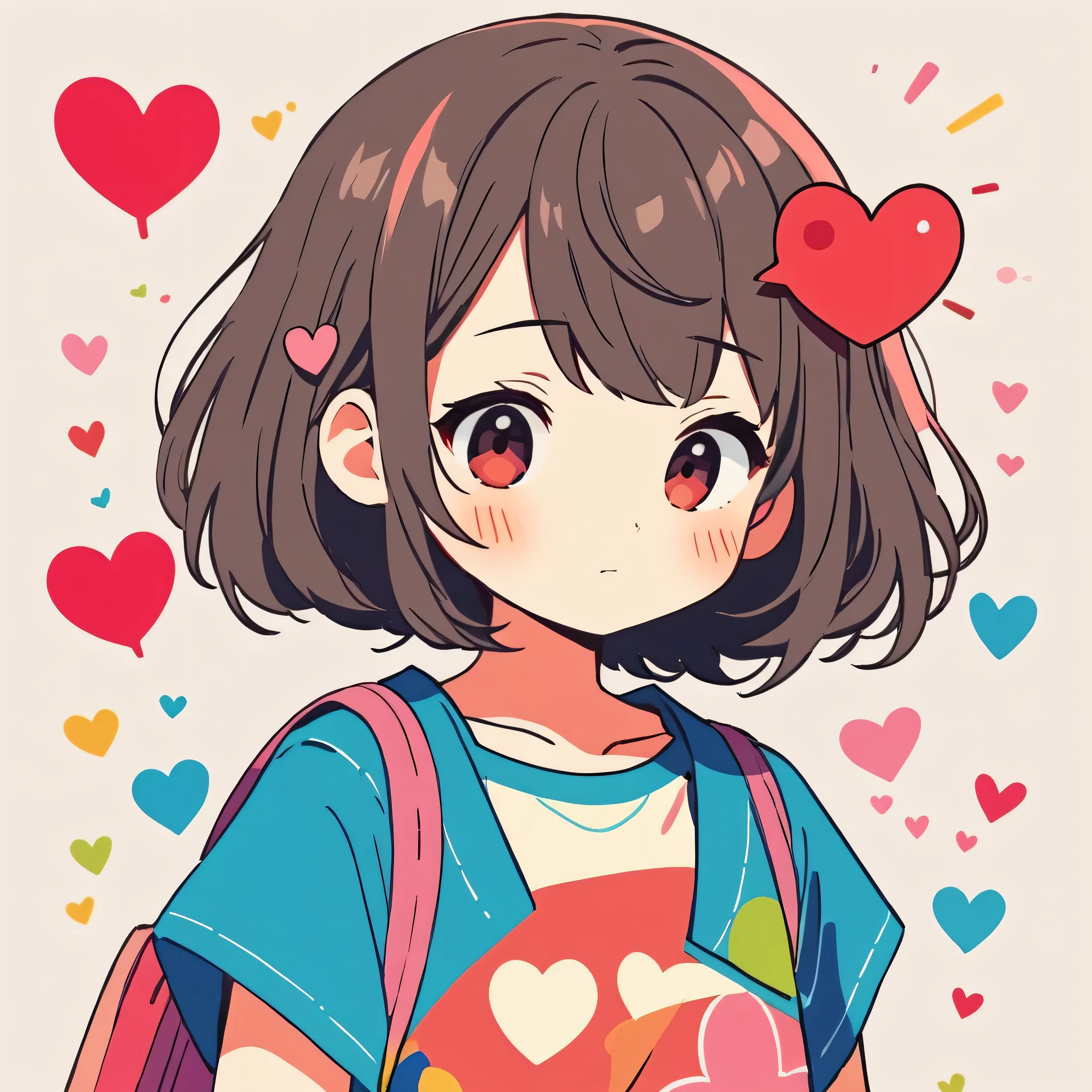 Makoto Shinkai colorful style, Simple Line Initialism,Abstract art,Kawaii Design, The most beautiful girl of all time、chibi,colorful hearts, summer version