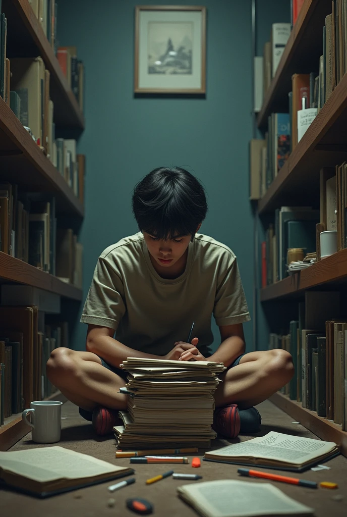  man study at the floor (without table) in a very Small and cramped study room