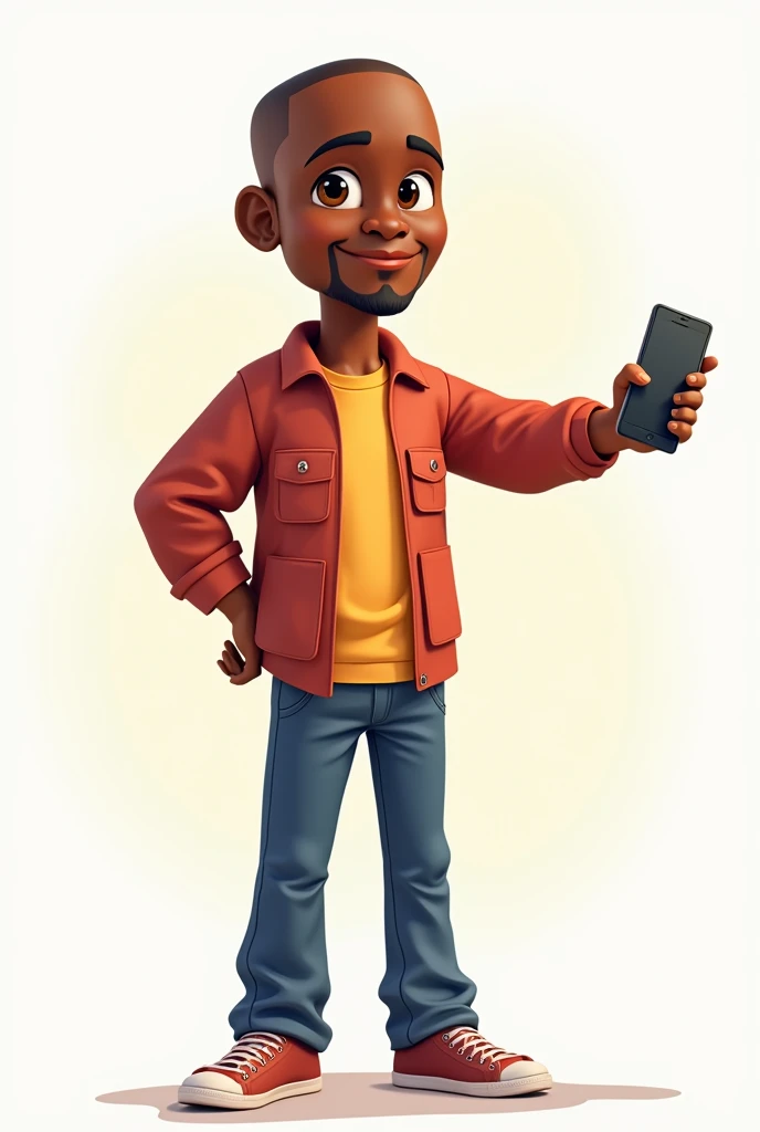 Animated style of a 30 year old African American person with bald hair, Without beard, holding a cell phone in his hand and arm stretched out to the side