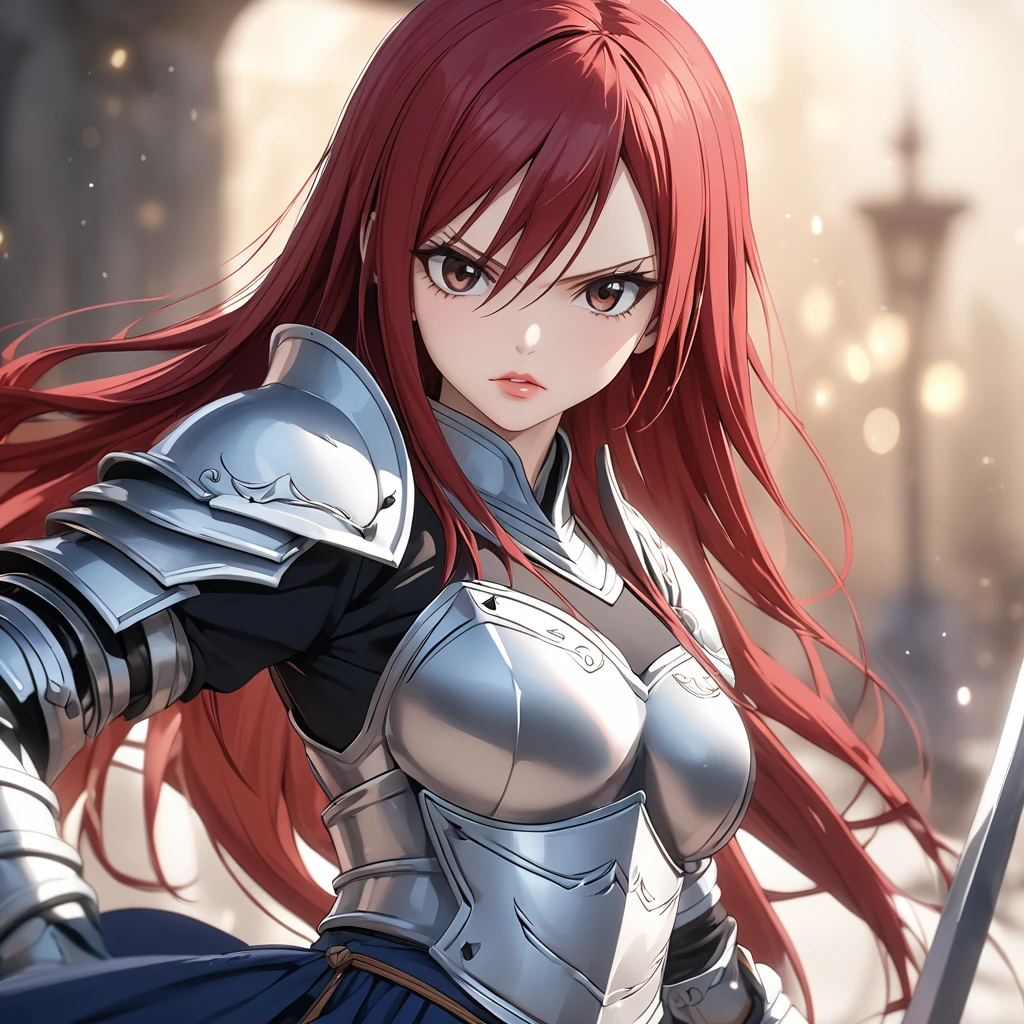 A woman wearing metal armor, wearing a black shirt, navy blue skirt, metal boots, holding a sword, red red hair, long hair, brown eyes, serious face, perfect face, perfect lips, perfect eyes, standing posture, bracelet metal, magic power, Fairy_Tail, Erza_Scarlet.UHD , masterpiece, accurate, anatomically correct, textured skin, super detail, high quality, best quality, 8k, high resolution, bokeh effect.
