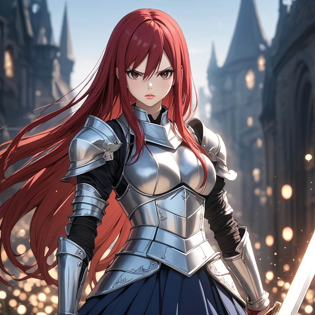 A woman wearing metal armor, wearing a black shirt, navy blue skirt, metal boots, holding a sword, red red hair, long hair, brown eyes, serious face, perfect face, perfect lips, perfect eyes, standing posture, bracelet metal, magic power, Fairy_Tail, Erza_Scarlet.UHD , masterpiece, accurate, anatomically correct, textured skin, super detail, high quality, best quality, 8k, high resolution, bokeh effect.
