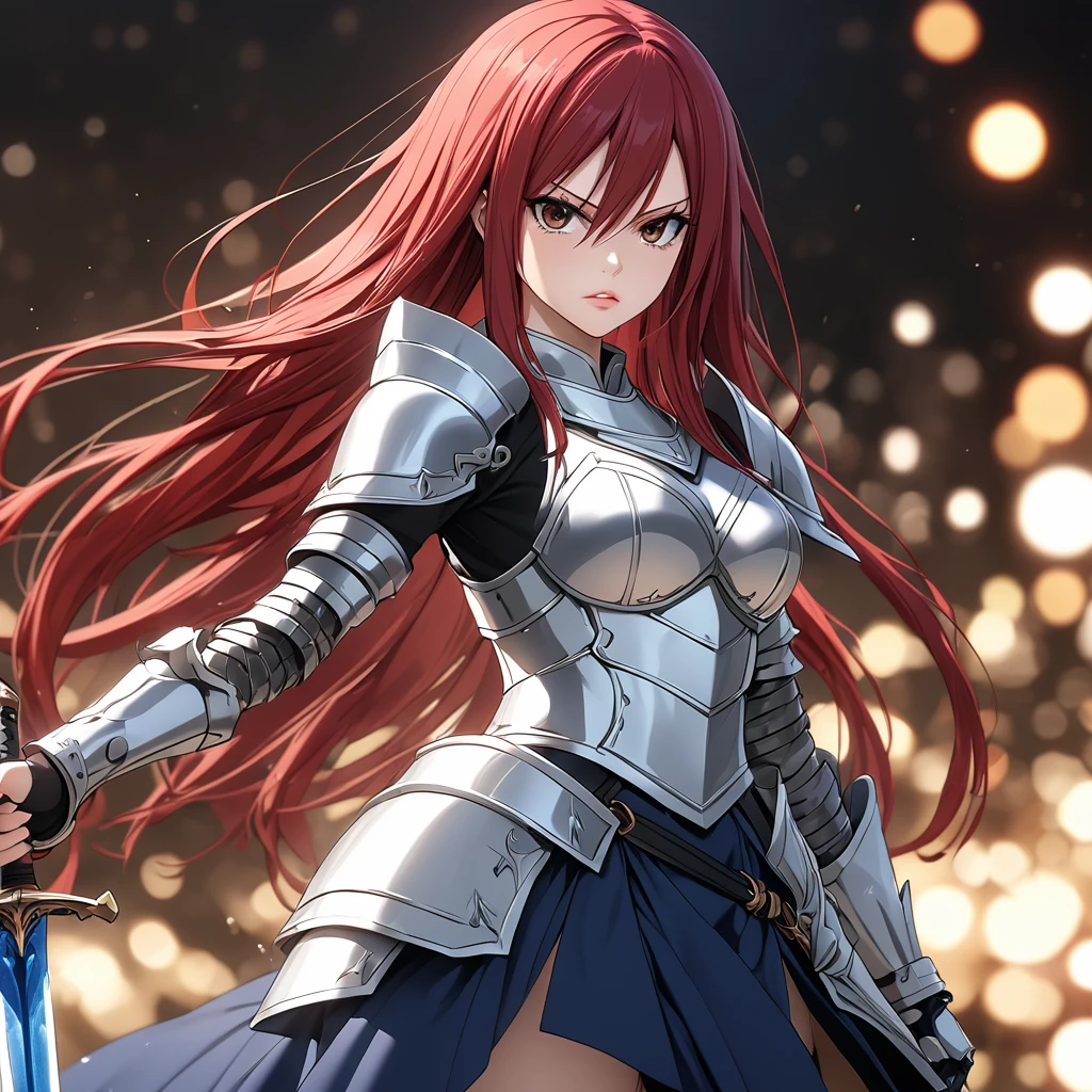 A woman wearing metal armor, wearing a black shirt, navy blue skirt, metal boots, holding a sword, red red hair, long hair, brown eyes, serious face, perfect face, perfect lips, perfect eyes, standing posture, bracelet metal, magic power, Fairy_Tail, Erza_Scarlet.UHD , masterpiece, accurate, anatomically correct, textured skin, super detail, high quality, best quality, 8k, high resolution, bokeh effect.
