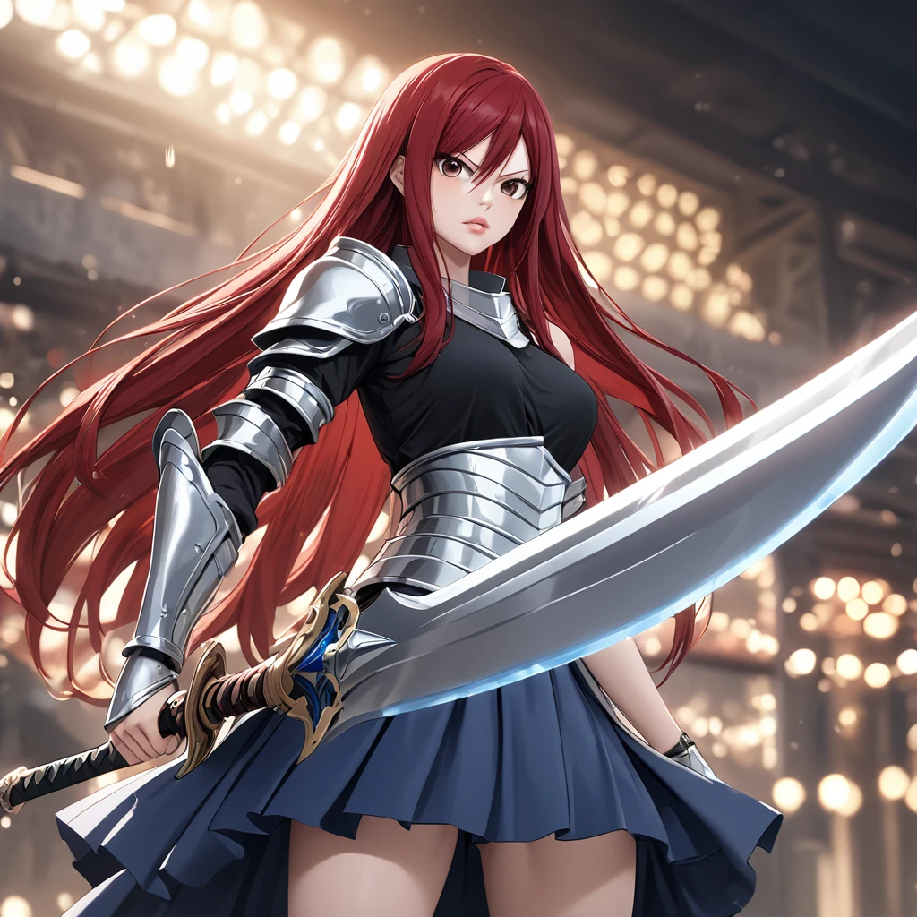 A woman wearing metal armor, wearing a black shirt, navy blue skirt, metal boots, holding a sword, red red hair, long hair, brown eyes, serious face, perfect face, perfect lips, perfect eyes, standing posture, bracelet metal, magic power, Fairy_Tail, Erza_Scarlet.UHD , masterpiece, accurate, anatomically correct, textured skin, super detail, high quality, best quality, 8k, high resolution, bokeh effect.
