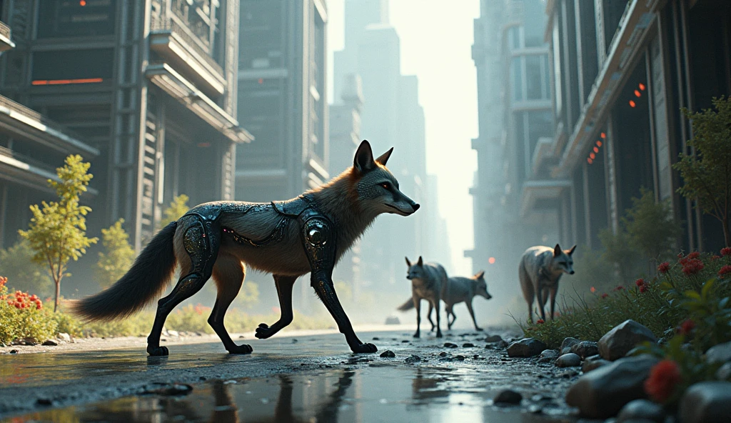 DOMINANT FOXES IN A FUTURISTIC URBAN PLACE, WITH WOLVES HIDDEN IN THE ENVIRONMENT 