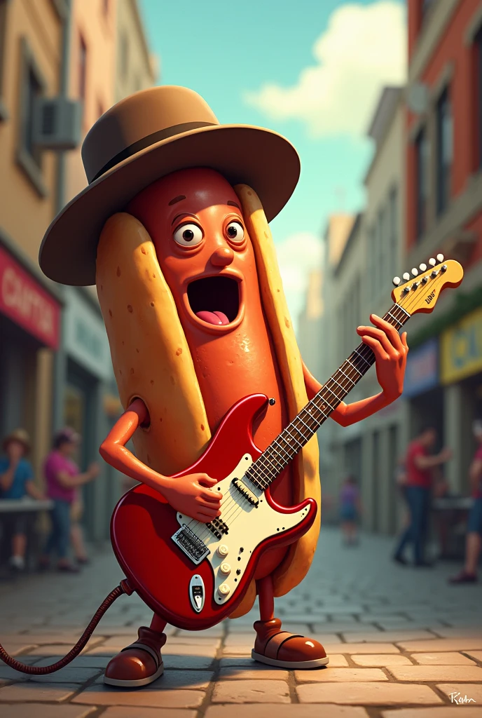 A choripán with a hat playing an electric guitar