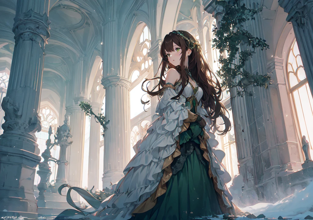Realistic photos, Focus distance 10mm, Red and white, Beautiful girl, Realistic photos, Shooting at focus distance 10mm, masterpiece, 最high quality, high quality, Very detailed CG 8k wallpaper unit, Award-winning photography, Depth of written boundary, High resolution, bloom, chromatic aberration, Realistic, Very detailed, Art Station Trends, CGsociety Trends, Complex, High detail, dramatic, Art on the go, volumetric lighting, A Disney Princess-inspired beautiful young woman with long, wavy, dark brown hair and striking green eyes, standing in front of a grand, ancient mansion shrouded in mist. She wears a flowing, elegant gown in deep emerald green with gold accents, symbolizing both elegance and mystery. Her expression is a mix of determination and sadness, reflecting the weight of the secrets she carries. The background features an old oak tree with twisted branches and a full moon casting a soft, eerie light over the scene. The overall atmosphere is enchanting yet slightly ominous, with a touch of dark fairytale magic