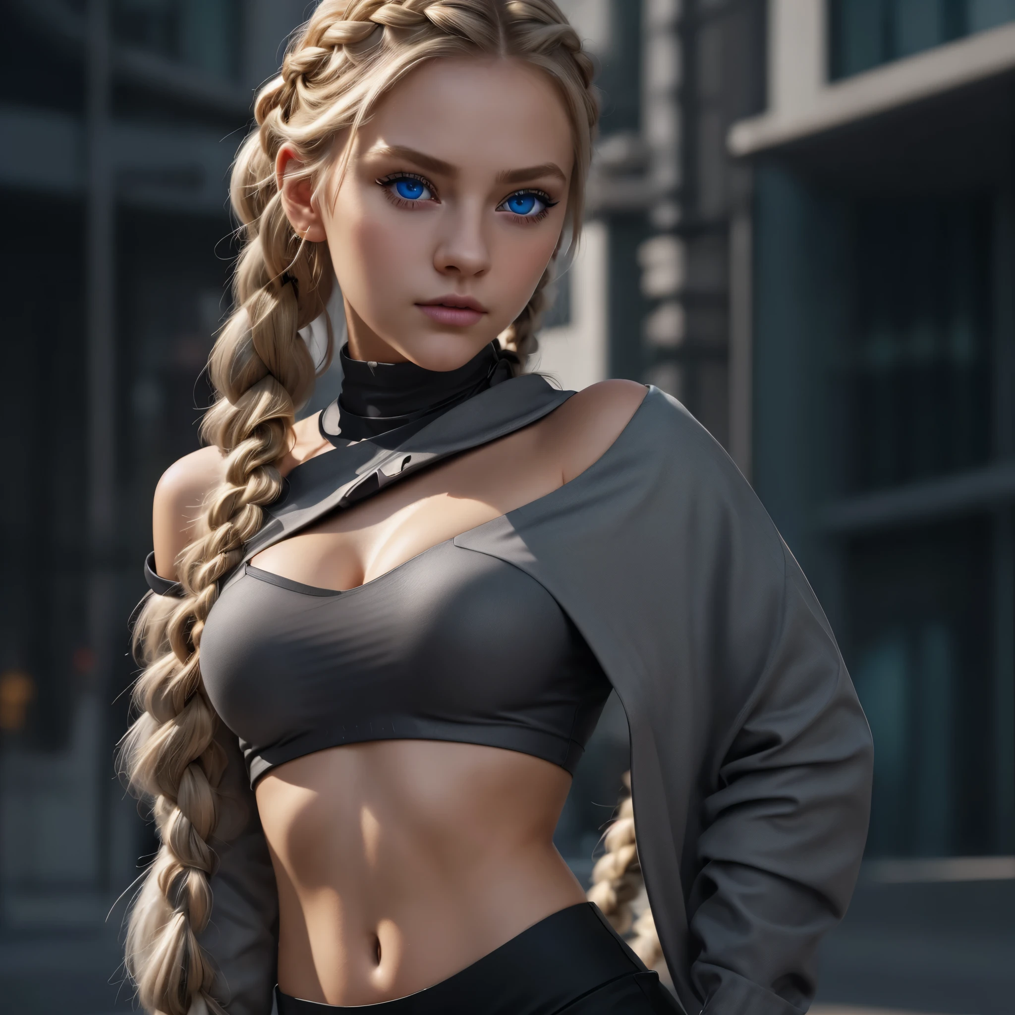 ((RAW photo), absurd, (absurdresolution)), masterpiece, best quality, (Extremely detailed CG unity 8k wallpaper), (best illustration), (best shadow), beautiful detailed glow, 2, blonde, ((The face of the most beautiful and precious young girl)), the most beautiful face, very pretty girl, ((deep blue eyes, seductive look, sharp pupil, realistic)), (luminous hazel hair, loose sideburns, big shoulder-length braid), (background: gray), cinematic lighting, Photographic Perspective