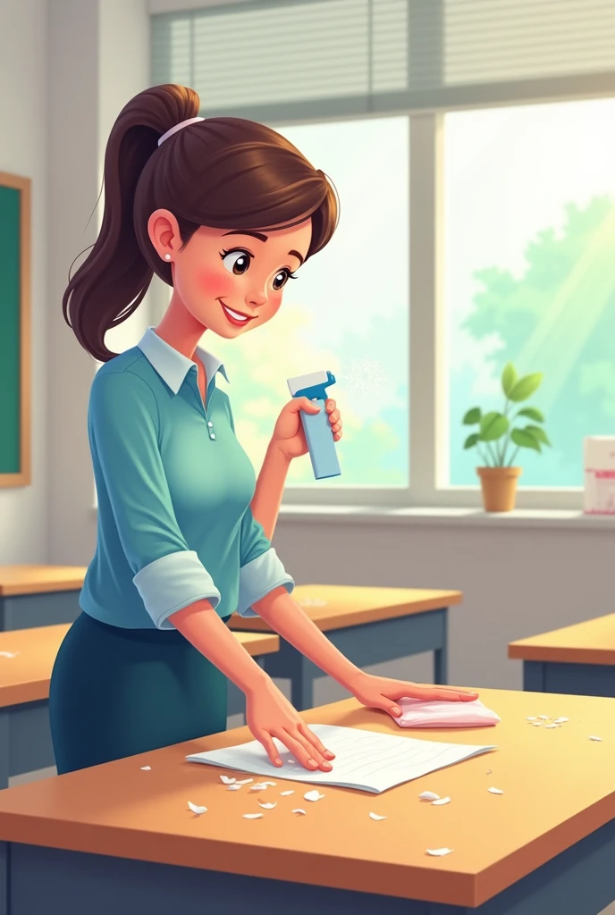 I am looking for an illustration of a teacher disinfecting desks Drawing style: Modern and vector, with smooth, clean lines, and vibrant colors. Cartoonish but realistic. Color: Using a palette of bright and contrasting colors that are pleasant and eye-catching. FORMAT: Illustrations arranged in a book or manual style. This illustration is intended for a guidance and training manual, so it must be clear, accessible and visually appealing."