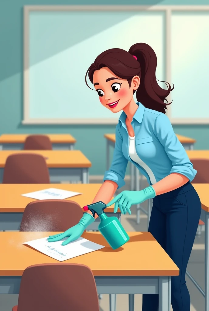 I am looking for an illustration of a teacher disinfecting desks Drawing style: Modern and vector, with smooth, clean lines, and vibrant colors. Cartoonish but realistic. Color: Using a palette of bright and contrasting colors that are pleasant and eye-catching. FORMAT: Illustrations arranged in a book or manual style. This illustration is intended for a guidance and training manual, so it must be clear, accessible and visually appealing."