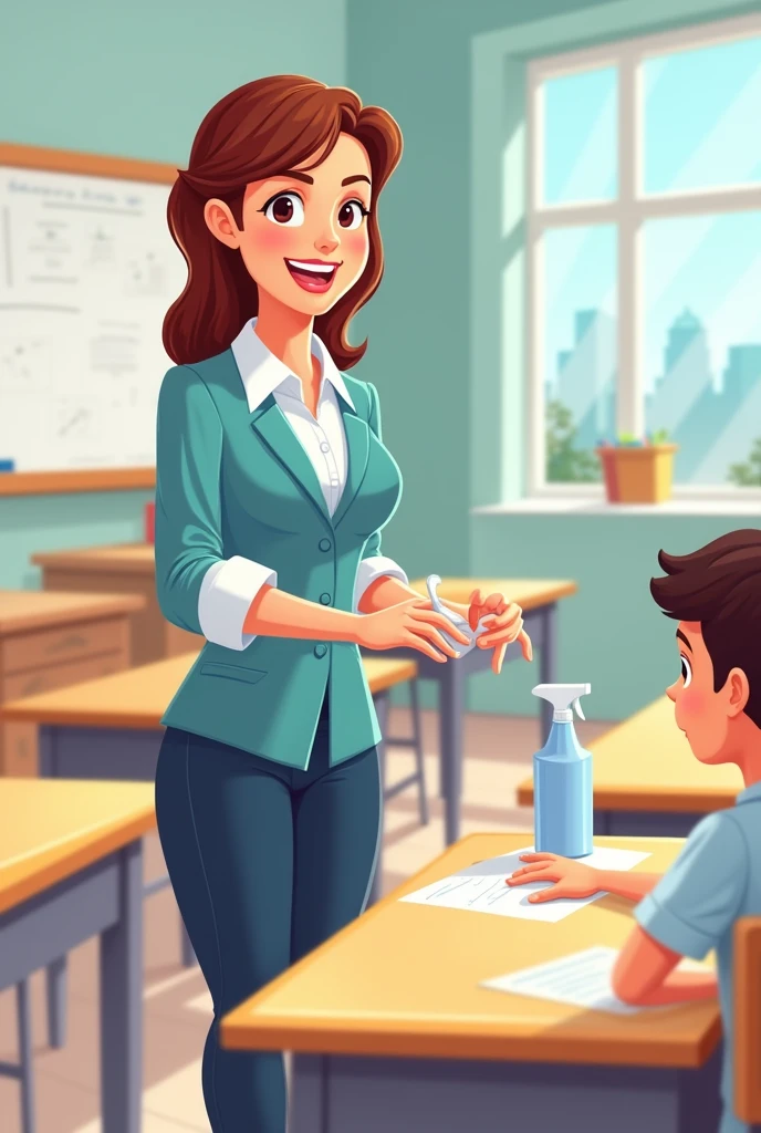 I am looking for an illustration of a teacher disinfecting desks Drawing style: Modern and vector, with smooth, clean lines, and vibrant colors. Cartoonish but realistic. Color: Using a palette of bright and contrasting colors that are pleasant and eye-catching. FORMAT: Illustrations arranged in a book or manual style. This illustration is intended for a guidance and training manual, so it must be clear, accessible and visually appealing."