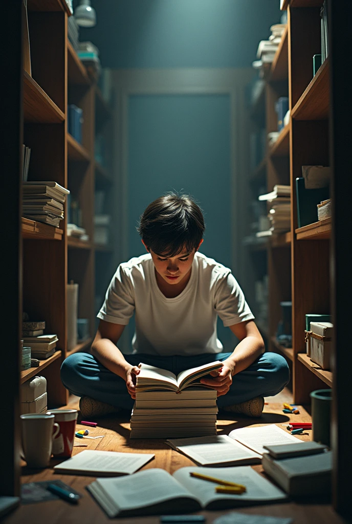 Teenage man study at the floor (without table) in a very Small and cramped study room