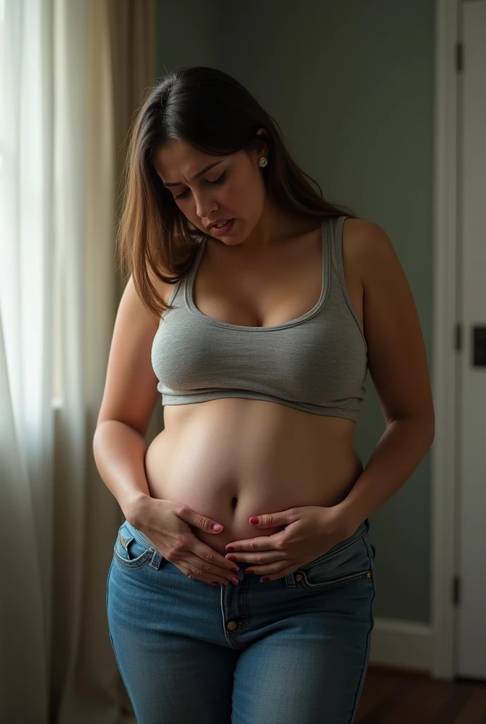 1girl, terribly bloated, in pain, standing slightly sideways, constipated, gassy, holding her stomach, beautiful, thin but curvy, farting, big breasts, thick, in highwasted jeans covering her midsection, belly pressing on fabric, in great pain, moaning