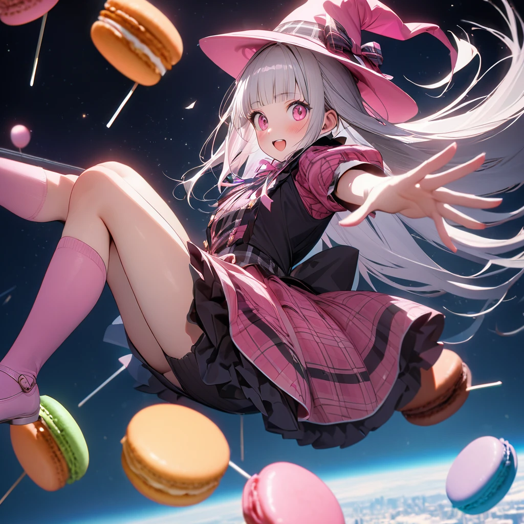 (8K, best quality, master piece: 1.2),ultra-high resolution,1 idol,solo,ultra-detailed face,detailed eyes,red eyes,mascara,blunt bangs,straight hair,Silver hair,long hair,zero gravity flight,flying,tartan check Patterned Pink Halloween costume(Pink:1.5),tartan check Patterned Pink witch hat with Ribbon(Pink:1.5),knee-high socks,Pink mary janes(Pink:1.5),Sky blue ribbon tie,outstretched arms,looking at viewer,blush,happy,from side,Cinematic Lighting,(many lollipops are floating in the sky:1.2),(meny macarons are floating in the sky:1.2),3 pumpkins are floating in the sky,night sky,over New York City residential area