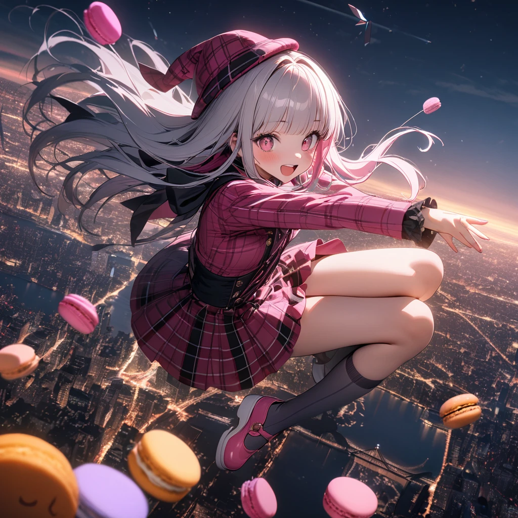 (8K, best quality, master piece: 1.2),ultra-high resolution,1 idol,solo,ultra-detailed face,detailed eyes,red eyes,mascara,blunt bangs,straight hair,Silver hair,long hair,zero gravity flight,flying,tartan check Patterned Pink Halloween costume(Pink:1.5),tartan check Patterned Pink witch hat with Ribbon(Pink:1.5),knee-high socks,Pink mary janes(Pink:1.5),Sky blue ribbon tie,outstretched arms,looking at viewer,blush,happy,from side,Cinematic Lighting,(many lollipops are floating in the sky:1.2),(meny macarons are floating in the sky:1.2),3 pumpkins are floating in the sky,night sky,over New York City residential area