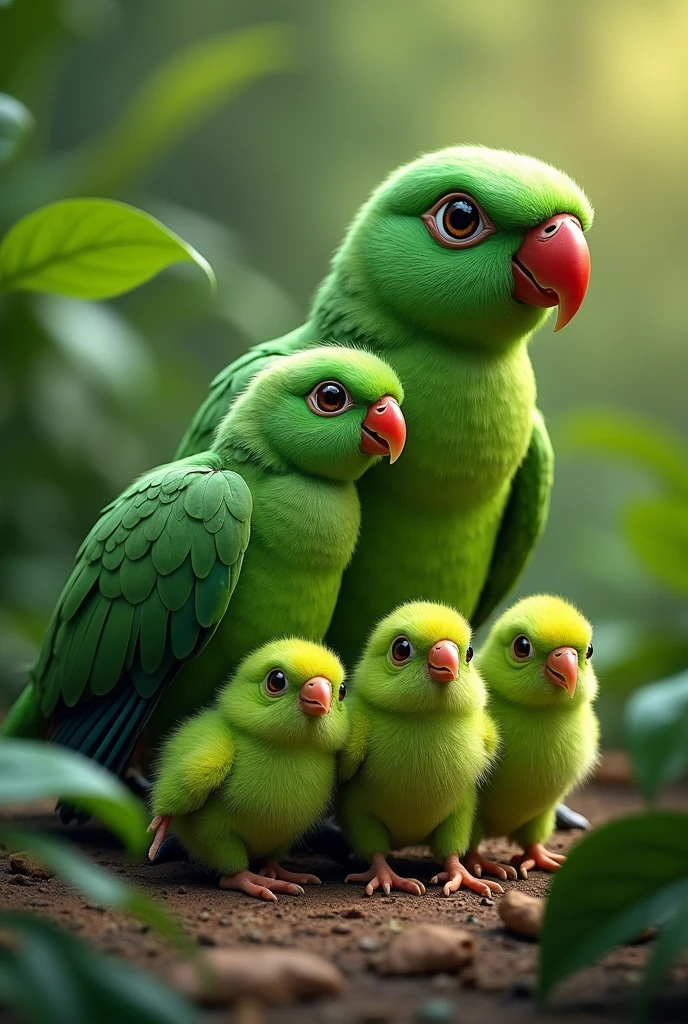 Four more green parrot chicks with their mother and father, a total of 6 green parrots, the Dalfa parrot family, the father 2 large parrots and four small ones