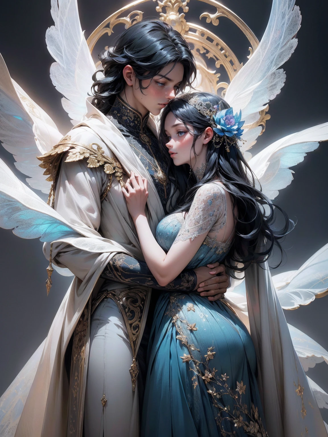 {-erro_de_anatomia:1.0}(best quality,4k,8k,highres,masterpiece:1.2), ultra-detailed, (realistic,photorealistic,photo-realistic:1.37), mature milf, illyasviel von einzbern, black hair, upper body, vibrant colors, glowing skin, mesmerizing eyes, blue eyes, elegant pose, enchanting background, delicate lace dress, blue dress, surreal lighting, ethereal atmosphere, mystical aura, intricate details, artistic medium, digital illustration, fantasy, anime, walking on nature, kissing a beautiful  man