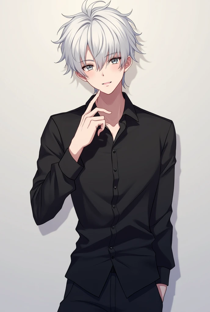 Give me a handsome guy with white hair, has a black shirt, black pants cute anime posing