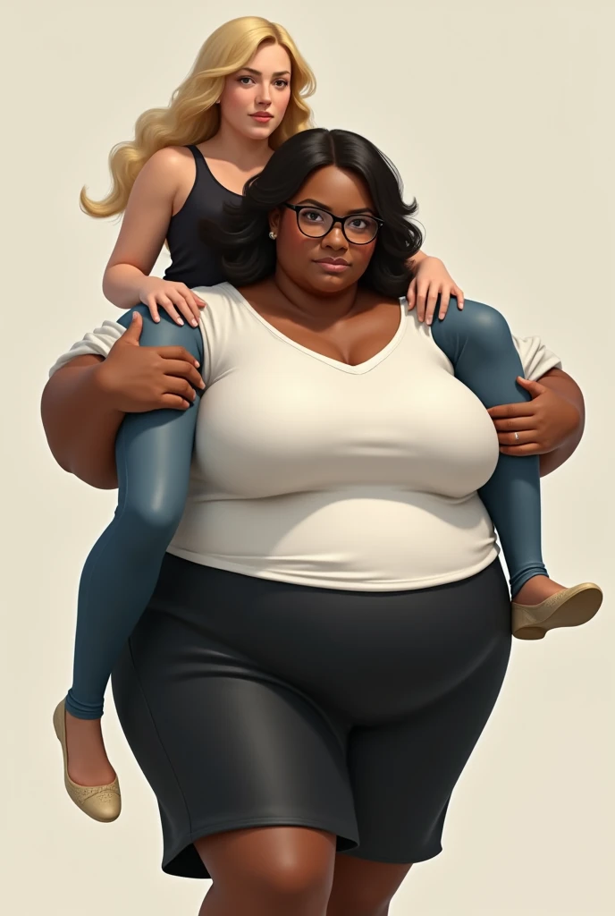 Create a realistic image of a 20 year old woman, obese, with black and dark skin, wearing a white shirt and black skirt and glasses, lifting a 2 woman from the ground and carrying her on her shoulder, with light white skin, blonde hair long, slim body, with a long, tight black blouse and wearing jeans